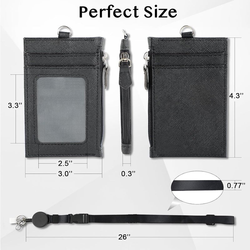 DELSWIN Badge Holder with Retractable Lanyard, PU Leather ID Badge Card Holder with 1 ID Window, 4 Card Slots, 1 Side Zipper Pocket, and Adjustable Neck Strap - Image 5
